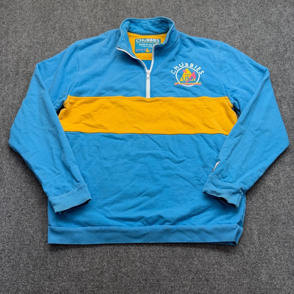 Chubbies Mens Large Blue Yellow Colorblock Quarter Zip Sweatshirt‎ Made in USA